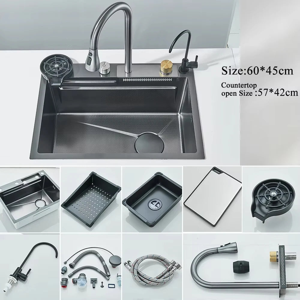 304 Stainless Steel Waterfall Kitchen Sink With Slot Integrated Digital Display Faucet Soap Dispenser And Cup Washer