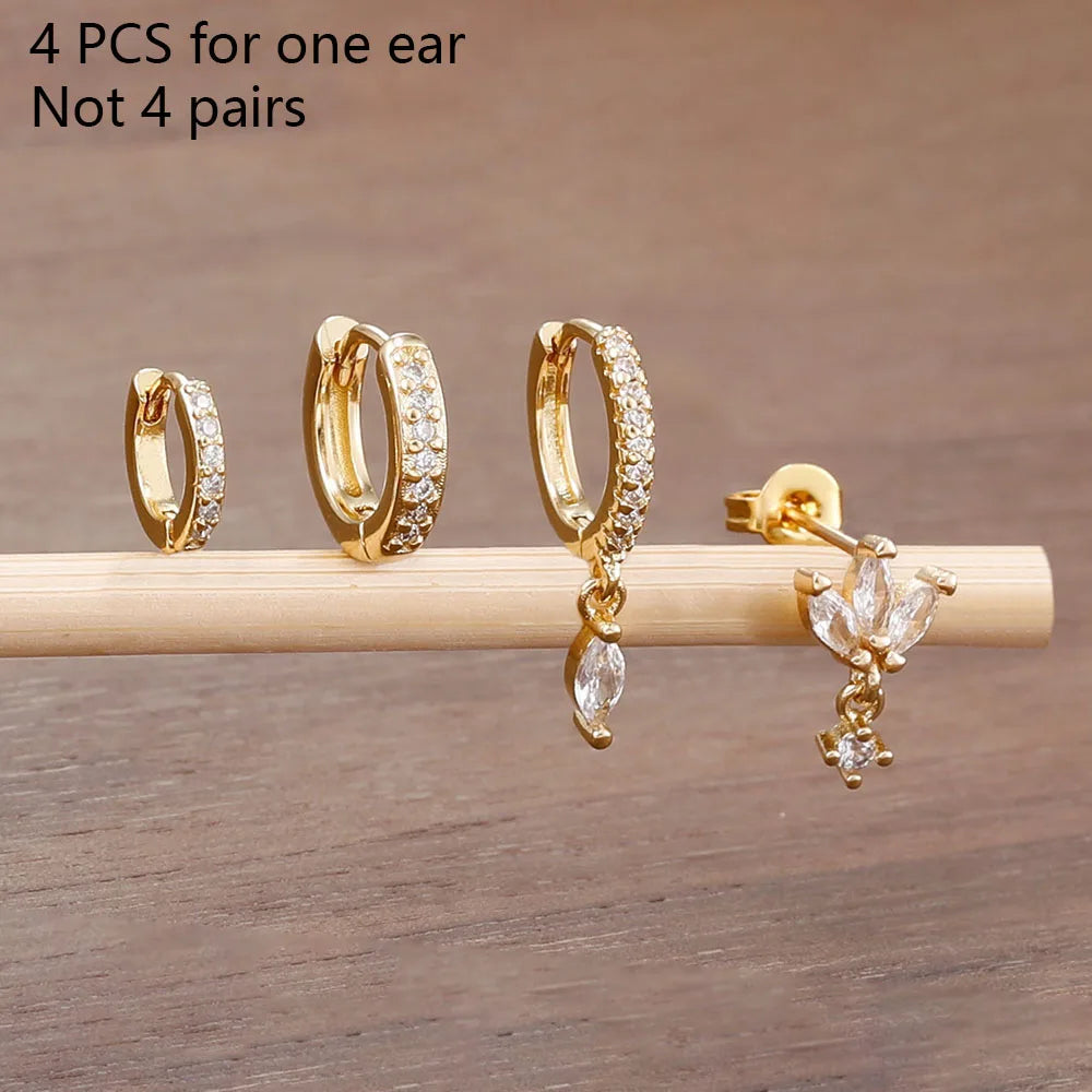 4PCS Exquisite Zircon Hoop Earrings Set for Women Stainless Steel Hoops Water Drop Shape Cartilage Earring Piercing Jewelry