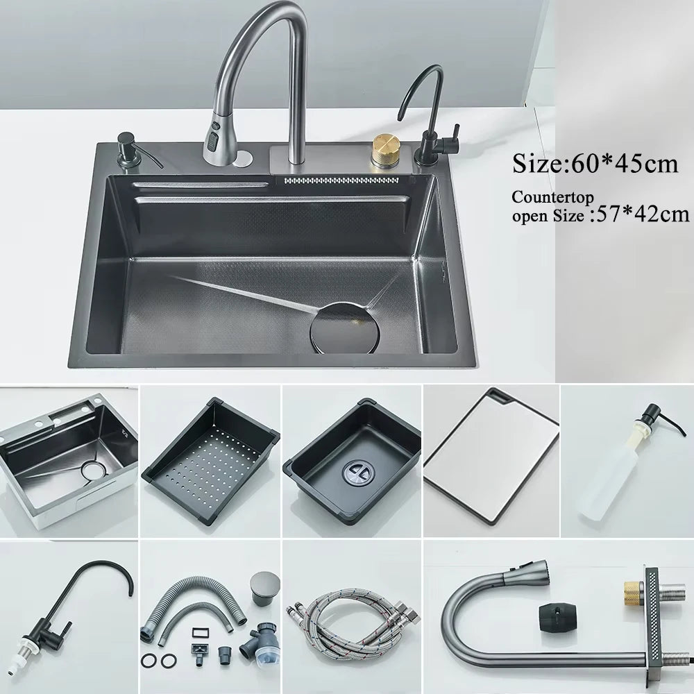 304 Stainless Steel Waterfall Kitchen Sink With Slot Integrated Digital Display Faucet Soap Dispenser And Cup Washer