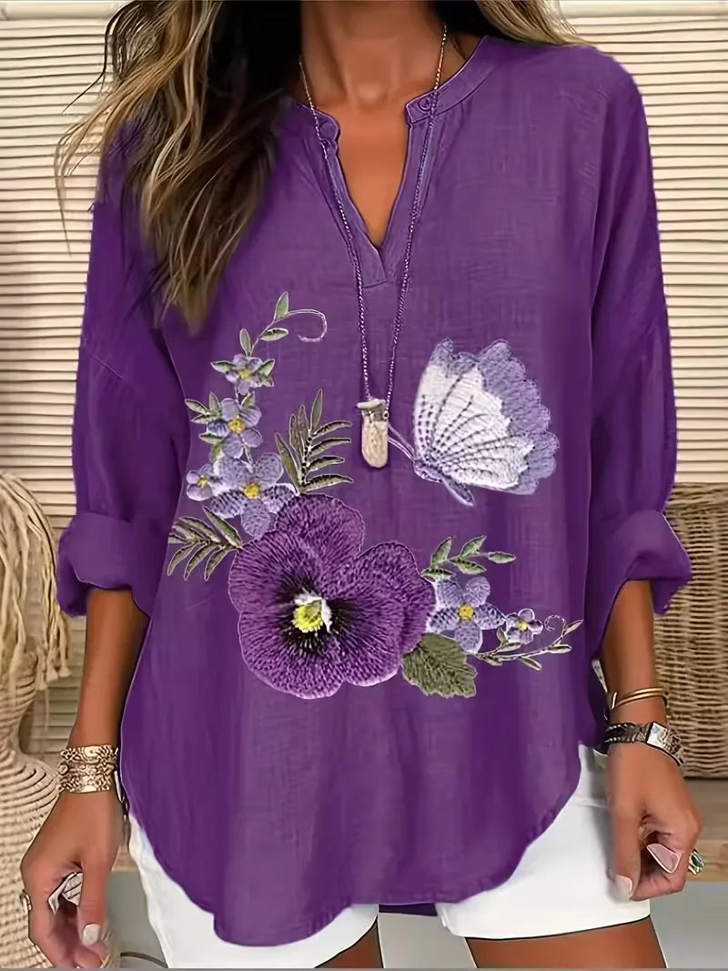 Women'S Vintage Floral Print V-Neck Long Sleeve Blouse - Casual Flowy Top