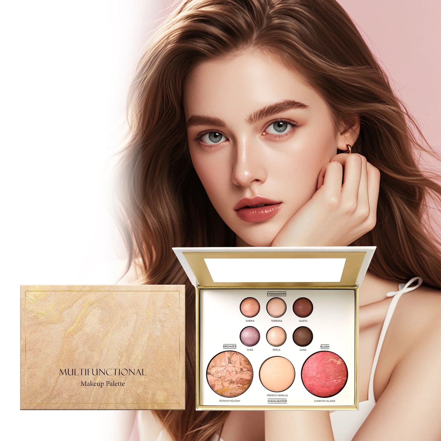 Multifunctional Makeup Palette Glitter Eye Shadow Shimmer Pallet Highlighter Powder Brush Beauty Kit 9 Color for Travel Friendly