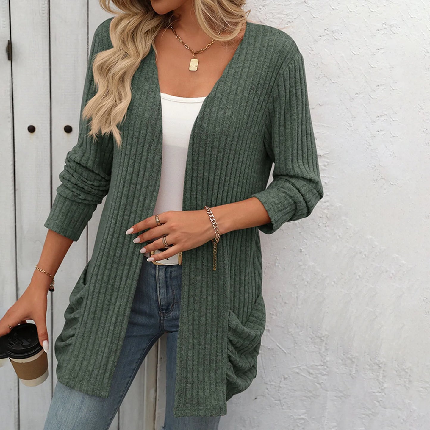 Women Sweater Cardigan Pockets Long Sleeve Solid Color Casual Loose Open Front Cardigan Lightweight Streetwear Fall Outerwear