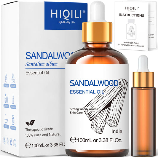 HIQILI 100ML Sandalwood Essential Oils,100% Pure Nature for Aromatherapy, Diffuser, Humidifier, Massage, Meditation, Candle