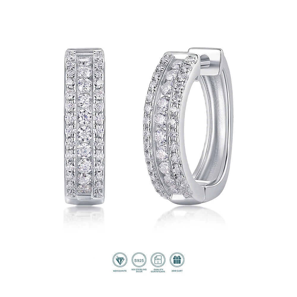 1Pair Moissanite Hoop Earrings 925 Sterling Silver 18K Gold Plated, Double Row Design, Elegant Jewelry with GRA Certificate