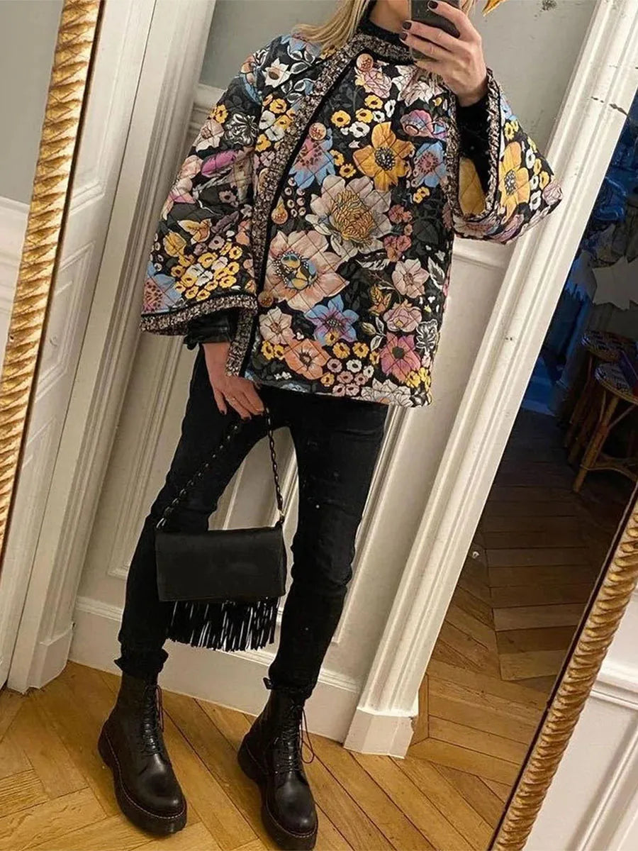 Women Winter Quilted Jacket Casual Floral Print Lightweight Long Sleeve Button Cardigan for Fall Outwear Streetwear