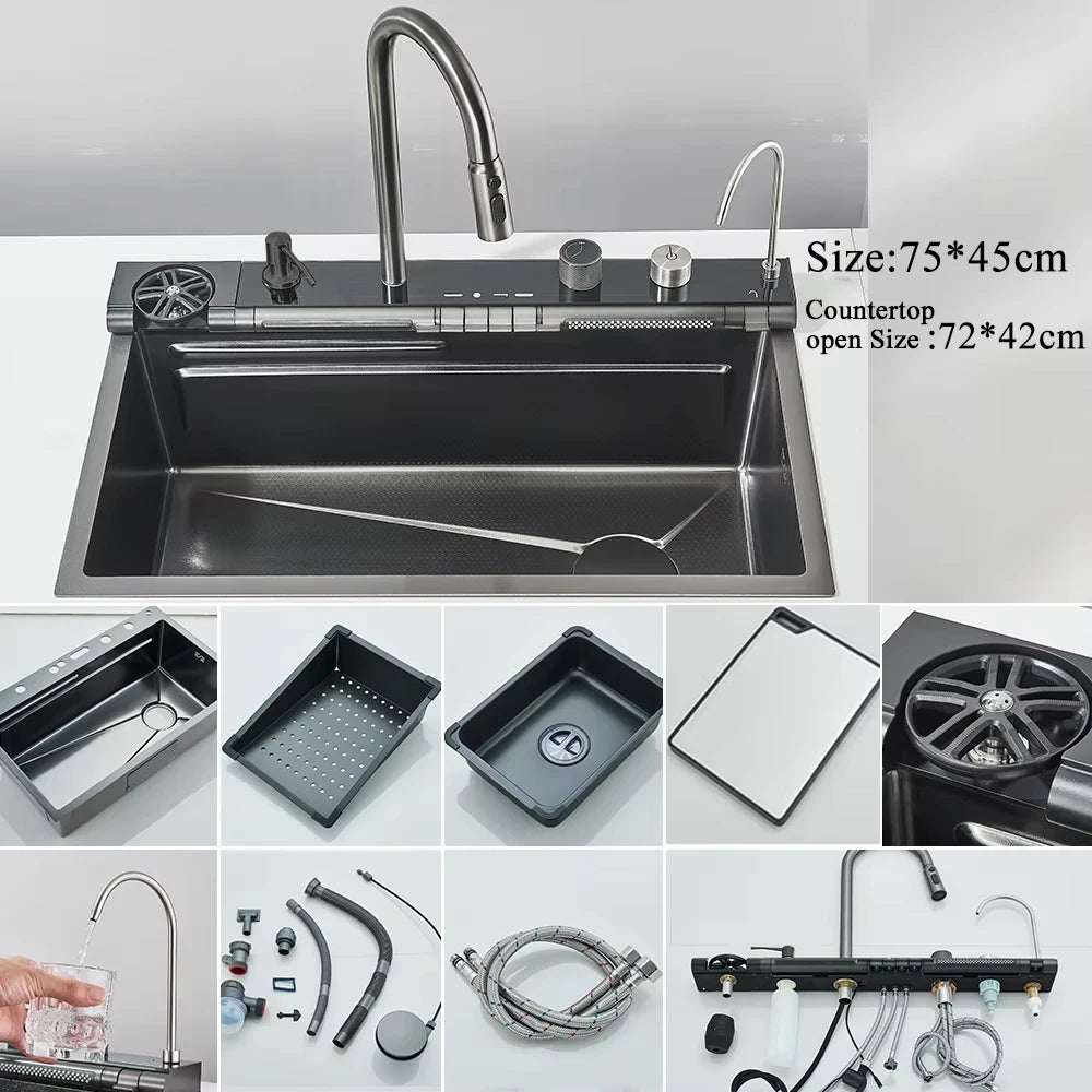 304 Stainless Steel Waterfall Kitchen Sink With Slot Integrated Digital Display Faucet Soap Dispenser And Cup Washer