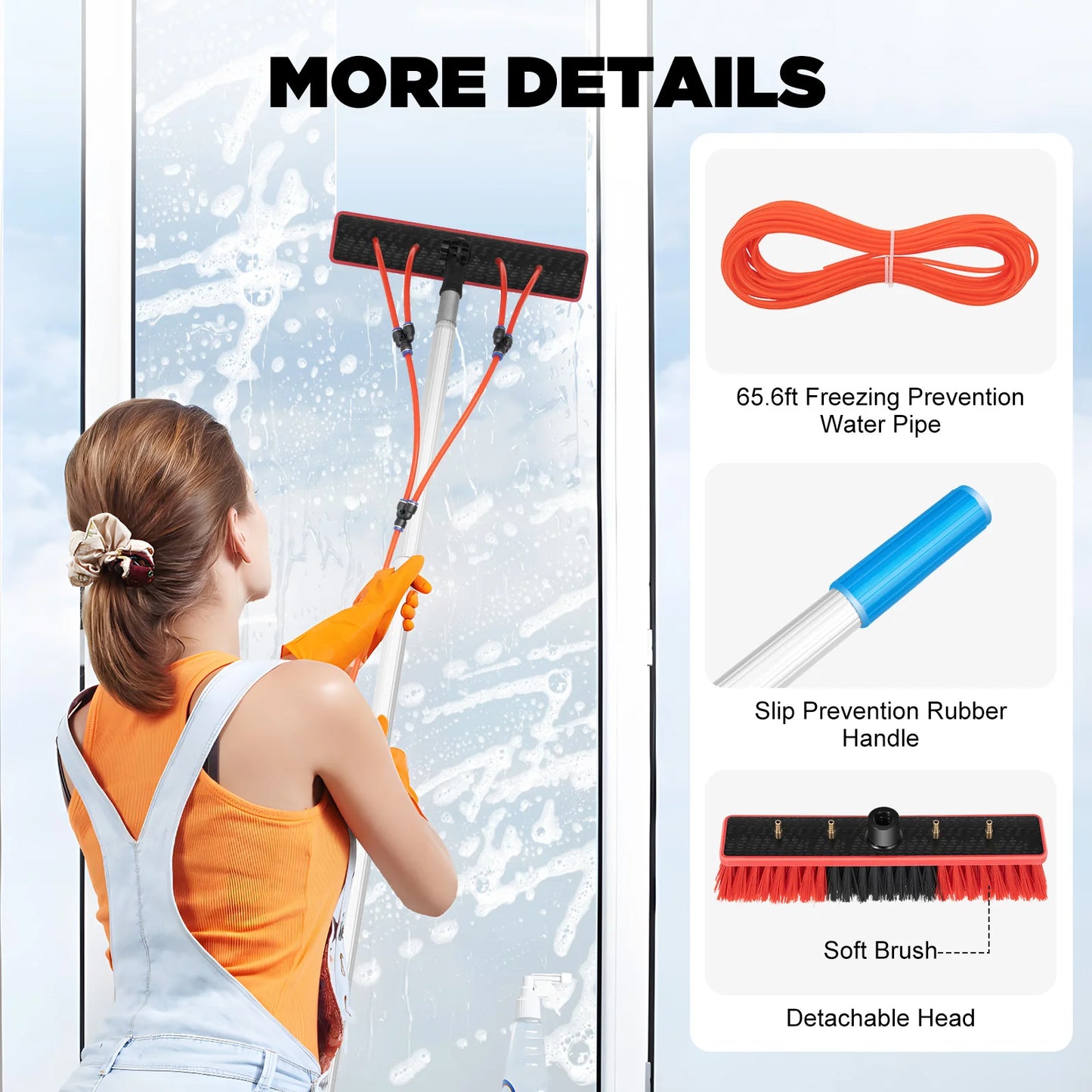 Water Fed Pole Cleaning Kit 180° Rotated Window Cleaner with Telescopic Handle Removable Brush Head Roof Cleaning Brush