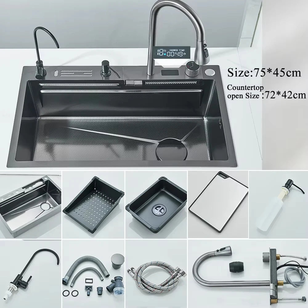 304 Stainless Steel Waterfall Kitchen Sink With Slot Integrated Digital Display Faucet Soap Dispenser And Cup Washer