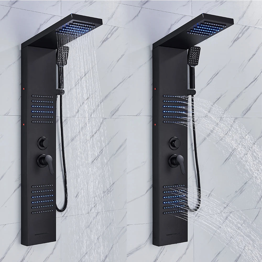 Black LED Shower Panel Tower System Rain Waterfall Shower Column Hydroelectricity Massage Body Spa Bath Shower Faucet Mixer