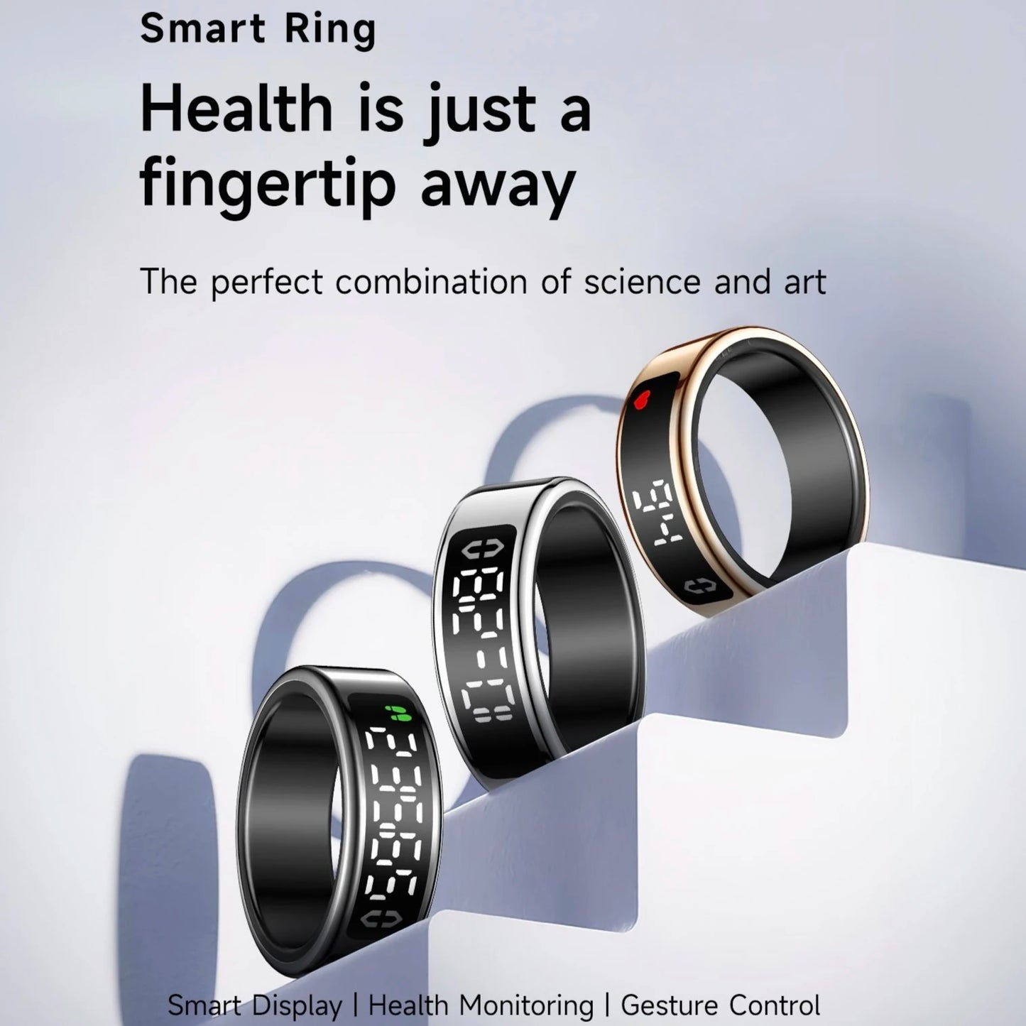 The newly upgraded smart ring features a digital display. It offers step counting, sleep monitoring, and multiple sports modes.