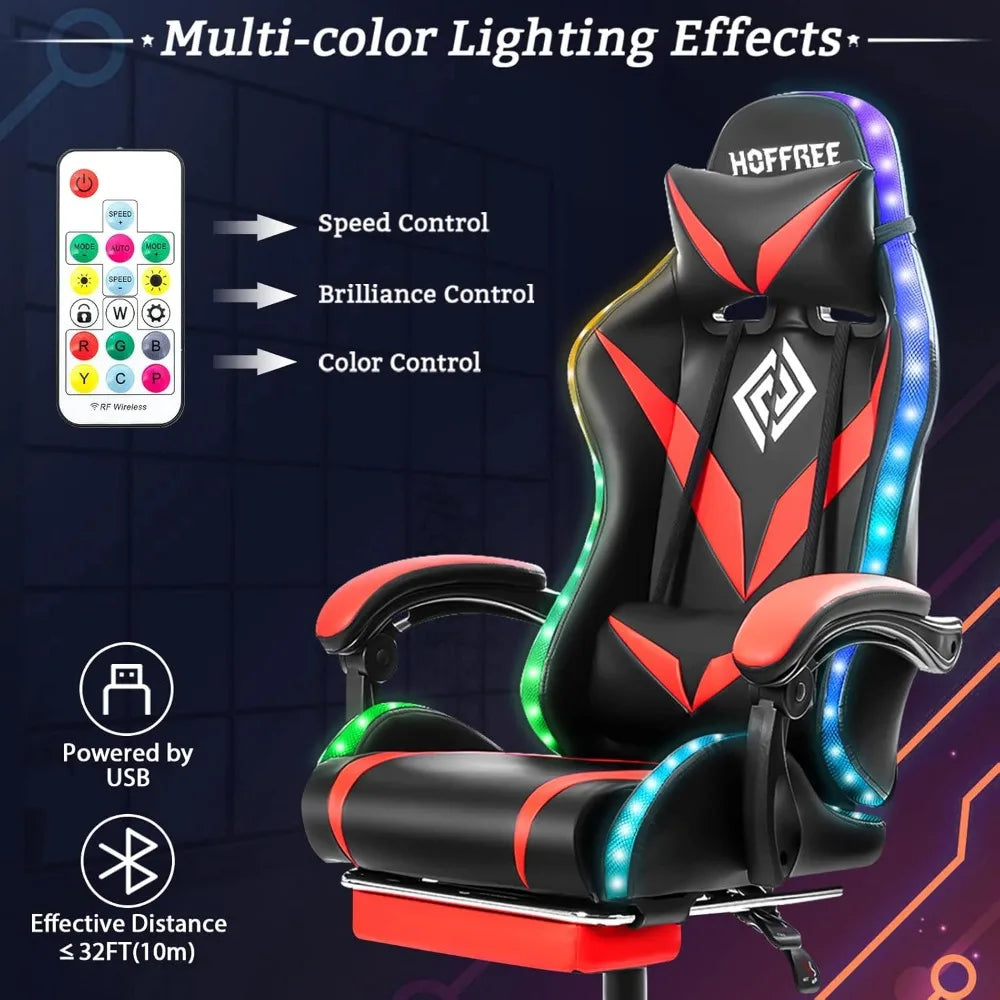 LED RGB Light Massage Ergonomic Video Game Chair with Footrest and High Back Reclining for Computer Use