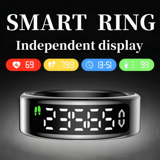 The newly upgraded smart ring features a digital display. It offers step counting, sleep monitoring, and multiple sports modes.