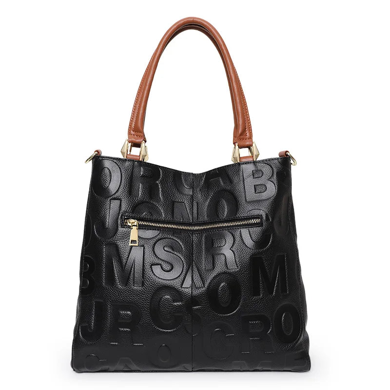 Trendy women's bag leather letter tote bag large capacity top cowhide shoulder cross-body bag